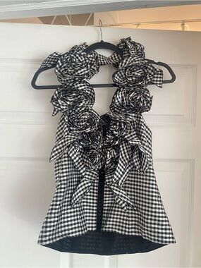 Anne Fontaine Black and White Gingham Floral Halter Blouse Kahela Top sz 40